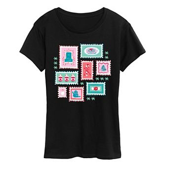 Women's Elf Holiday Stamp Collage Graphic Tee