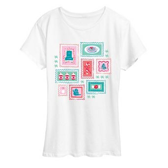 Women's Elf Holiday Stamp Collage Graphic Tee