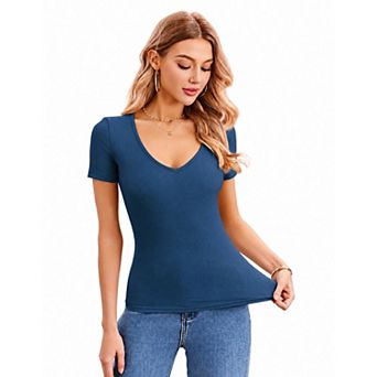 Zeagoo Women' Deep V T-Shirt Summer Short Sleeve Slim Fitted Basic Casual Tee