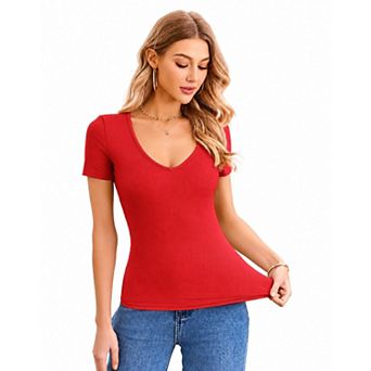 Zeagoo Women' Deep V T-Shirt Summer Short Sleeve Slim Fitted Basic Casual Tee