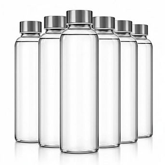 Clear Glass Bottles 18oz Reusable Leak Proof Stainless Steel Cap for Juicing Milk Smoothie Set of 6