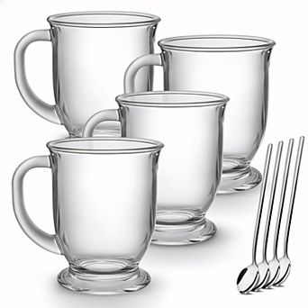 Glass Coffee Mugs Set Of 4 15 Oz With Spoons Handles Hot Beverages Microwave Dishwasher Safe