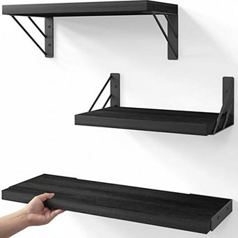 Wall Mounted Floating Shelves Paulownia Wood Black Metal 3-Pack Display Organizer for Books Decor