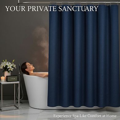 Thick Waffle Weave Shower Curtain, Heavy Duty 72x72 Navy Blue Bathroom Set