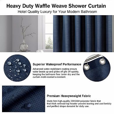 Thick Waffle Weave Shower Curtain, Heavy Duty 72x72 Navy Blue Bathroom Set
