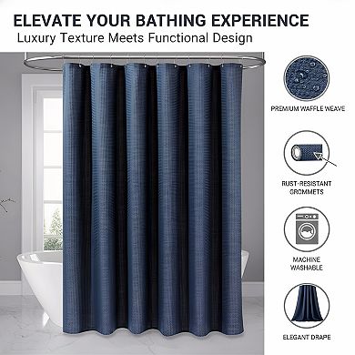 Thick Waffle Weave Shower Curtain, Heavy Duty 72x72 Navy Blue Bathroom Set