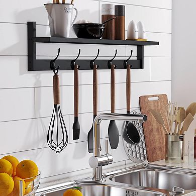 Wall Mounted Shelf with 5 Dual Hooks for Entryway