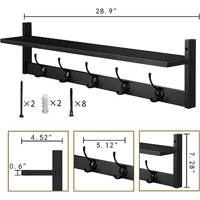 Wall Mounted Shelf with 5 Dual Hooks for Entryway