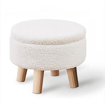Storage Ottoman Round Footrest with Teddy Velvet Seat