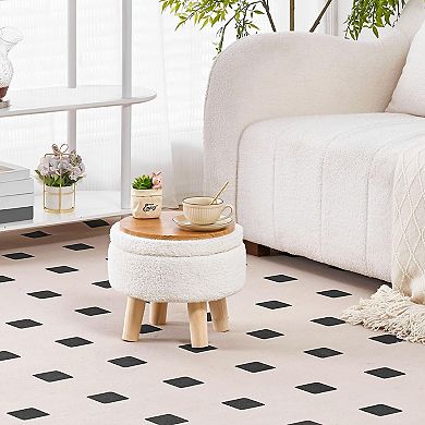 Storage Ottoman Round Footrest with Teddy Velvet Seat