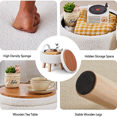 Storage Ottoman Round Footrest with Teddy Velvet Seat