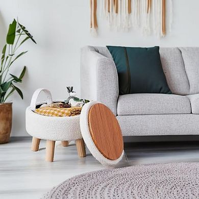 Storage Ottoman Round Footrest with Teddy Velvet Seat