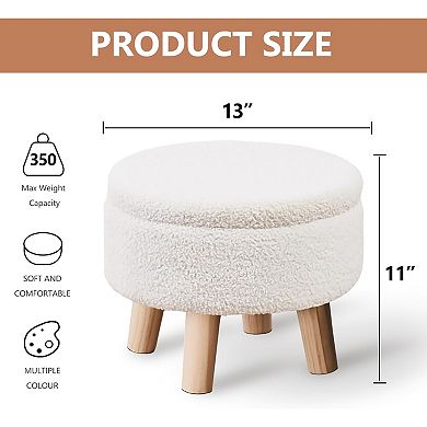 Storage Ottoman Round Footrest with Teddy Velvet Seat