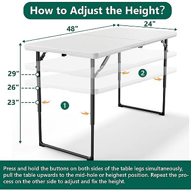 Folding Table 4ft Heavy Duty Fold in Half Adjustable Height Portable Utility for Indoor Outdoor