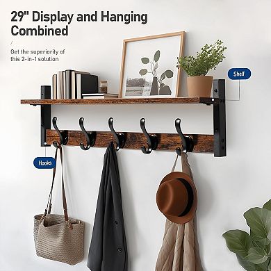 Rustic Coat Rack Wall Mount with Shelf for Entryway