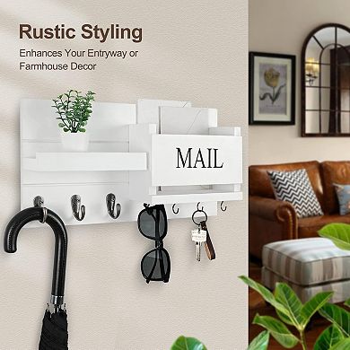 Wall Mount Mail Organizer with Key Holder Shelf and Hooks