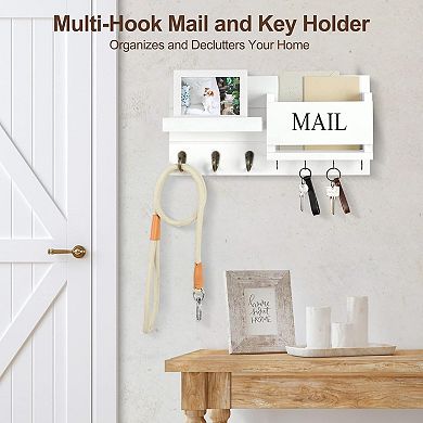 Wall Mount Mail Organizer with Key Holder Shelf and Hooks