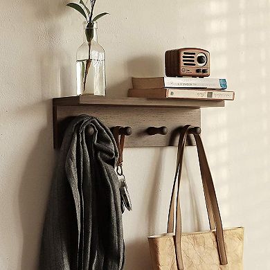 Wall Mounted Wooden Coat Rack with Hooks and Shelf