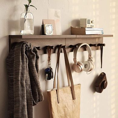 Wall Mounted Wooden Coat Rack with Hooks and Shelf