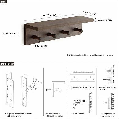 Wall Mounted Wooden Coat Rack with Hooks and Shelf