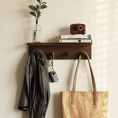 Wall Mounted Wooden Coat Rack with Hooks and Shelf