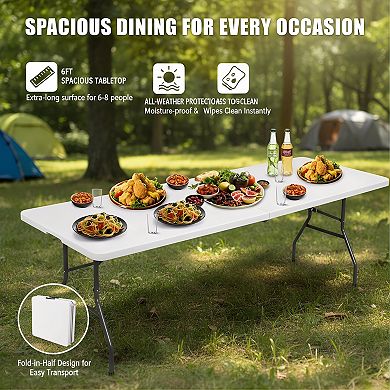 6 Foot Portable Folding Plastic Table, Fold-in-Half with Handle for Picnic and Party Use, White