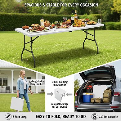6 Foot Portable Folding Plastic Table, Fold-in-Half with Handle for Picnic and Party Use, White
