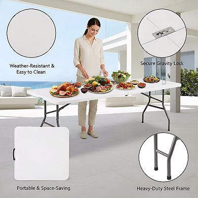 6 Foot Portable Folding Plastic Table, Fold-in-Half with Handle for Picnic and Party Use, White