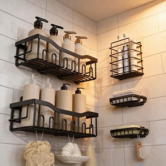5 Pack Rustproof Stainless Steel Shower Organizer Set No Drilling Bathroom Storage