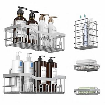 5 Pack Rustproof Stainless Steel Shower Organizer Set No Drilling Bathroom Storage
