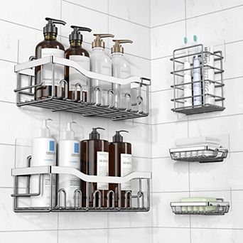 5 Pack Rustproof Stainless Steel Shower Organizer Set No Drilling Bathroom Storage