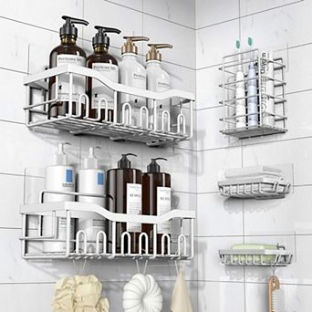 5 Pack Rustproof Stainless Steel Shower Organizer Set No Drilling Bathroom Storage
