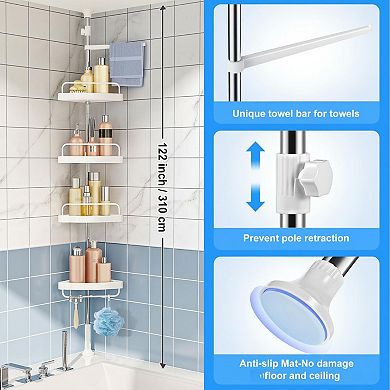 Adjustable 4-Tier Corner Shower Tension Pole Organizer Stainless Steel Rust-Proof Bath Storage w/