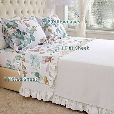 Botanical Cotton Floral Sheet Set 4pc Breathable Soft Deep Pocket
