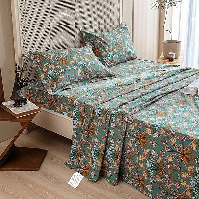 Botanical Cotton Floral Sheet Set 4pc Breathable Soft Deep Pocket