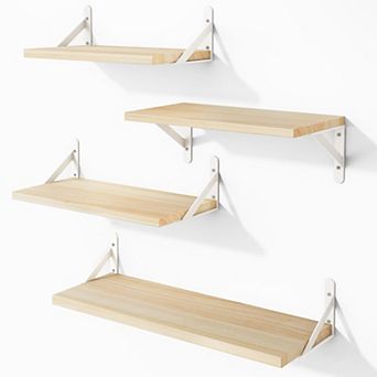 Floating Shelves Wall Mounted Set of 4 Different Sizes Rustic Paulownia Wood Metal Brackets for Room