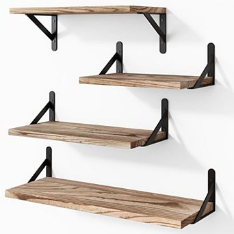 Floating Shelves Wall Mounted Set of 4 Different Sizes Rustic Paulownia Wood Metal Brackets for Room