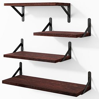 Floating Shelves Wall Mounted Set of 4 Different Sizes Rustic Paulownia Wood Metal Brackets for Room