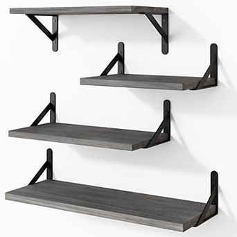Floating Shelves Wall Mounted Set of 4 Different Sizes Rustic Paulownia Wood Metal Brackets for Room