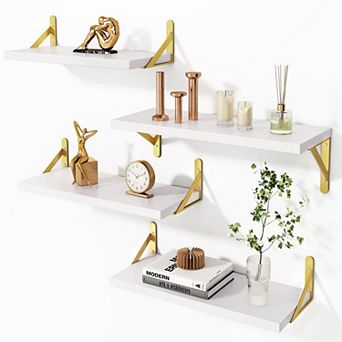 Floating Shelves Wall Mounted Set of 4 Different Sizes Rustic Paulownia Wood Metal Brackets for Room