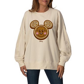 Women's Disney's Mickey Mouse Gingerbread Holiday Oversized Fleece Crew Sweatshirt