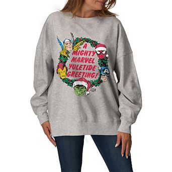 Women's Marvel A Mighty Marvel Yuletide Greeting Oversized Fleece Crew Sweatshirt
