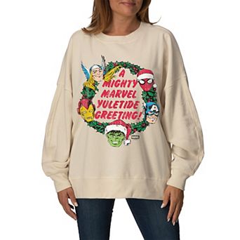 Women's Marvel A Mighty Marvel Yuletide Greeting Oversized Fleece Crew Sweatshirt