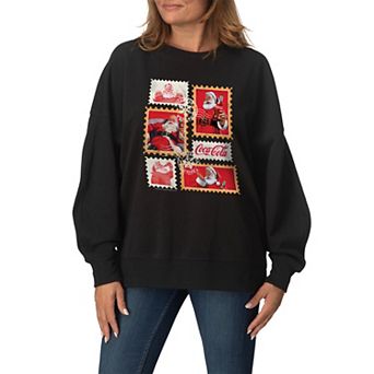 Women's Coca-Cola Vintage Holiday Stamp Collage Oversized Fleece Crew Sweatshirt