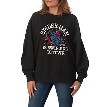 Women's Marvel Spider-Man Is Swinging To Town Christmas Oversized Fleece Crew Sweatshirt