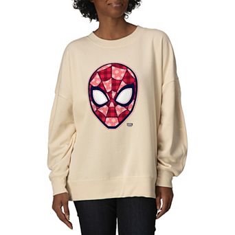 Women's Marvel Spider-Man Christmas Plaid Pattern Oversized Fleece Crew Sweatshirt