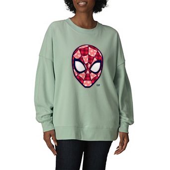 Women's Marvel Spider-Man Christmas Plaid Pattern Oversized Fleece Crew Sweatshirt