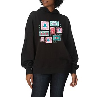Women's Elf Holiday Stamp Collage Oversized Fleece Hoodie Sweatshirt