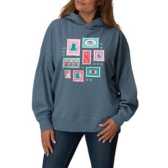 Women's Elf Holiday Stamp Collage Oversized Fleece Hoodie Sweatshirt