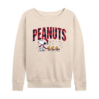 Women's Peanuts Snoopy & Woodstock Christmas Plaid Logo French Terry Long Sleeve Tee